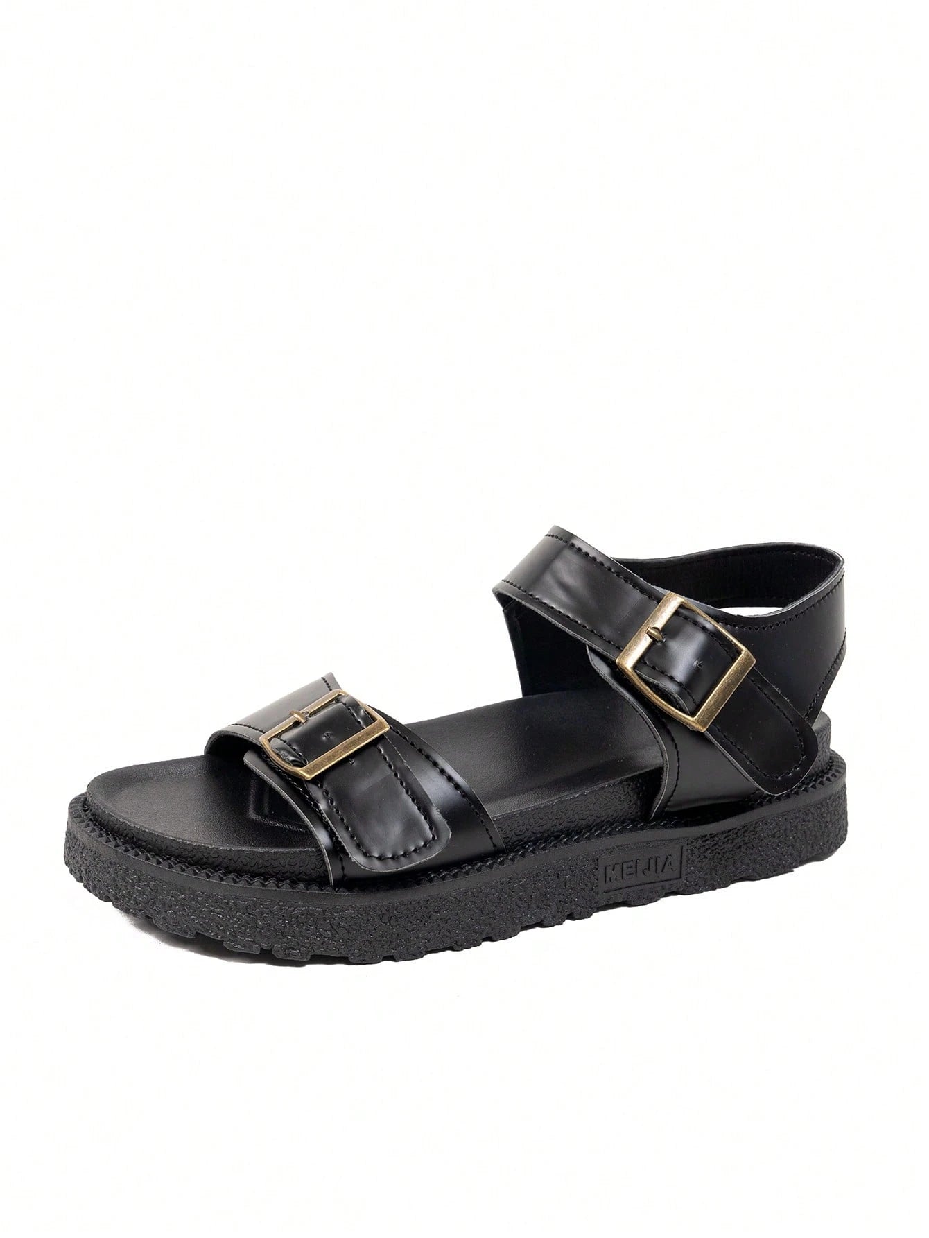 Black Strap Solid Color Beach Retro Shoes, Buckle Thick Sole Anti-Slip Platform Sandals, New Metallic Buckle Casual Comfortable Women Shoes