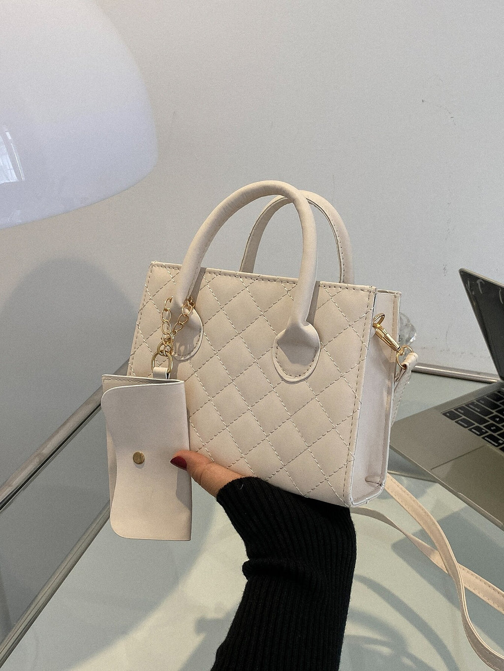 Lightweight,Business Casual Argyle Quilted Double Handle Square Bag with Coin Purse for Teen Girls Women College Students,Rookies & White-Collar Workers Perfect for Office,College,Work ,Business,Commute,Outdoors, Travel, Outings , Women Bag with Dime Bag