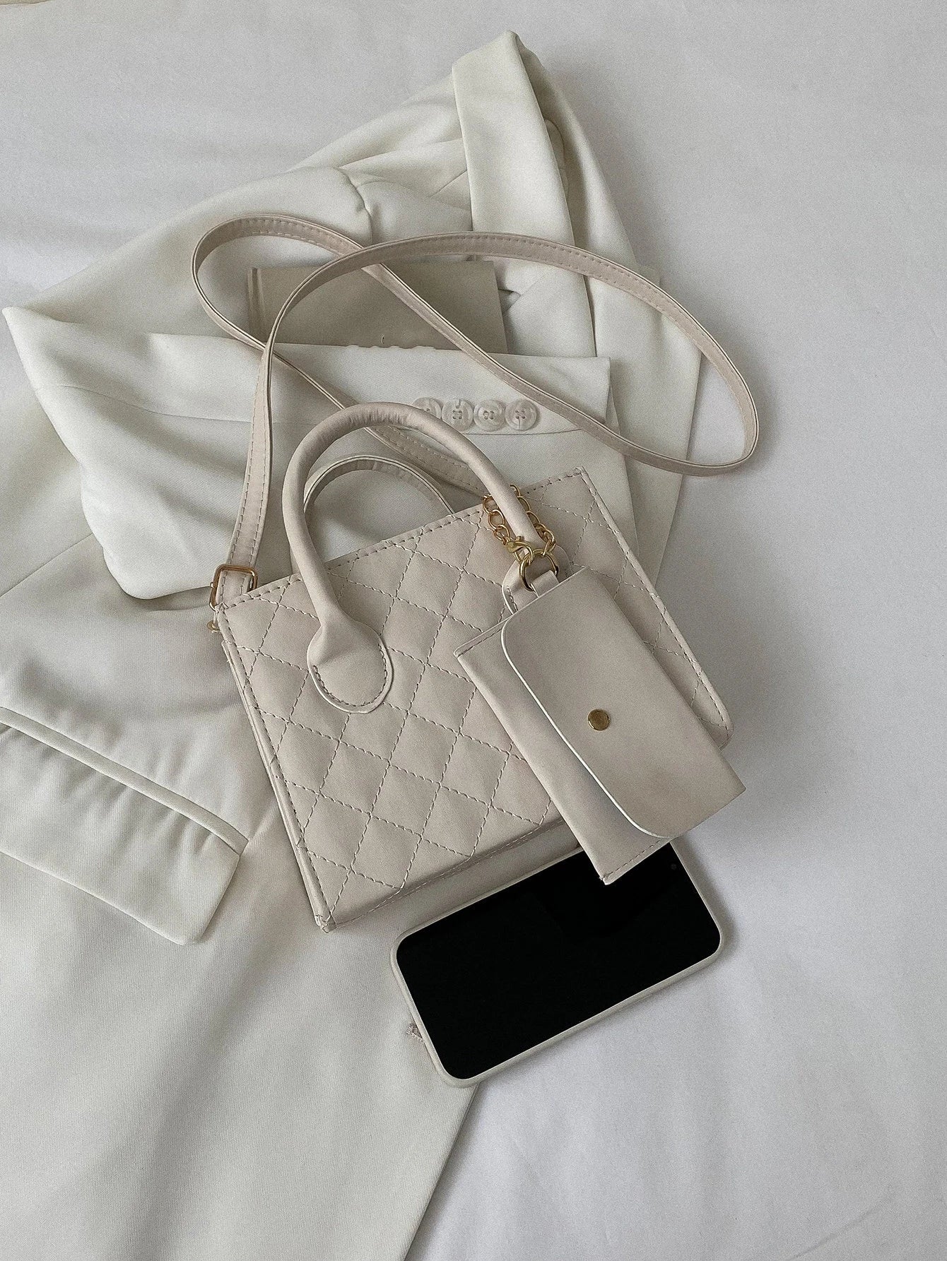 Lightweight,Business Casual Argyle Quilted Double Handle Square Bag with Coin Purse for Teen Girls Women College Students,Rookies & White-Collar Workers Perfect for Office,College,Work ,Business,Commute,Outdoors, Travel, Outings , Women Bag with Dime Bag