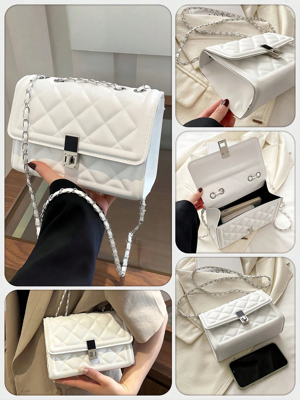 Fashion Solid Color Quilted Square Chain Shoulder Bag, Versatile Flap Banquet Bag New Lightweight Handbag & Purse, Daily Commuting Messenger Bag for White Collar and Student, Casual Mobile Phone Coin Crossbody Bags