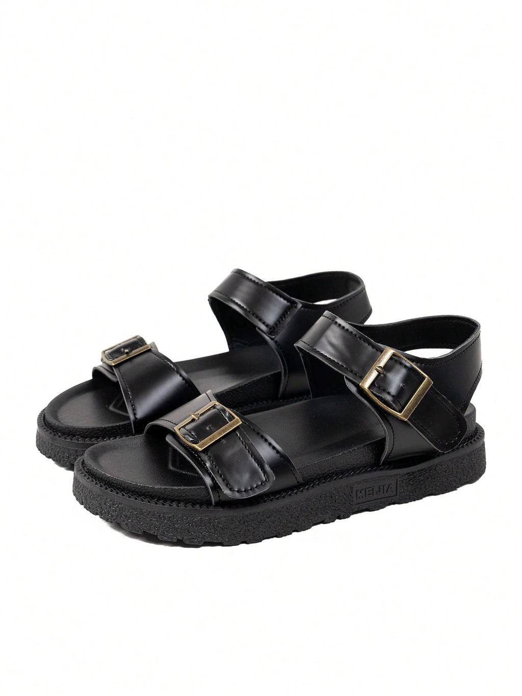 Black Strap Solid Color Beach Retro Shoes, Buckle Thick Sole Anti-Slip Platform Sandals, New Metallic Buckle Casual Comfortable Women Shoes