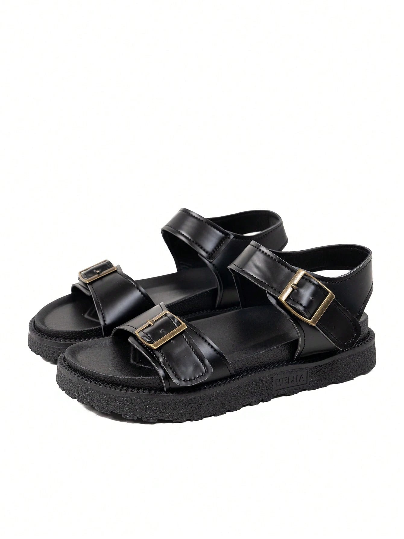 Black Strap Solid Color Beach Retro Shoes, Buckle Thick Sole Anti-Slip Platform Sandals, New Metallic Buckle Casual Comfortable Women Shoes