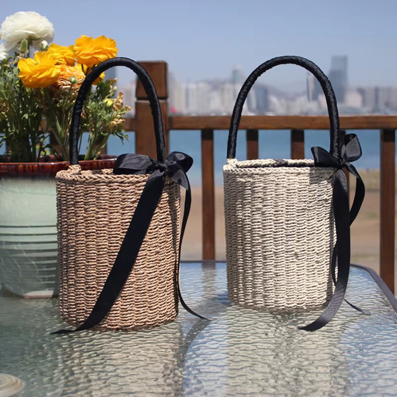 Hand-Made Bucket Straw Bag Top Handle Handbags Luxury Designer Woven Shoulder Bag Raffia Summer Vacation Casual Bags for Woman