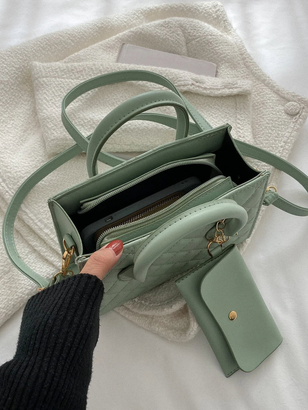 Quilted Square Bag with Small Pouch